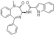 structure of CAS# 103420-77-5, N-[(3S)-1-Methyl-2-Oxo-5-Phenyl-3H-1,4-Benzodiazepin-3-Yl]-1H-Indole-2-Carboxamide;N-[(3S)-2-Keto-1-Methyl-5-Phenyl-3H-1,4-Benzodiazepin-3-Yl]-1H-Indole-2-Carboxamide;D02693;Devazepide (Usan)
