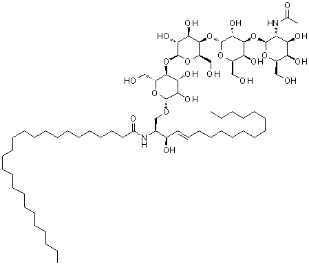 结构式 CAS# 11034-93-8, N-[(2S,3R,4E)-1-{[2-乙酰氨基-2-脱氧-beta-D-吡喃半乳糖基-(1->3)-alpha-D-吡喃半乳糖基-(1->4)-beta-D-吡喃半乳糖基-(1->4)-beta-D-甘露糖基]氧基}-3-羟基-4-十八碳烯-2-基]二十五烷酰胺