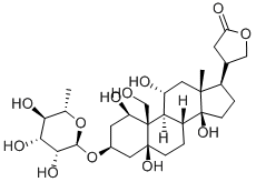structure of CAS# 1183-35-3, Dihydroouabain;4-[(1R,3S,5S,10R,13R,14S)-1,5,11,14-Tetrahydroxy-10-(Hydroxymethyl)-13-Methyl-3-[(2S,5R)-3,4,5-Trihydroxy-6-Methyl-Tetrahydropyran-2-Yl]Oxy-2,3,4,6,7,8,9,11,12,15,16,17-Dodecahydro-1H-Cyclopenta[A]Phenanthren-17-Yl]Tetrahydrofuran-2-One;4-[(1R,3S,5S,10R,13R,14S)-1,5,11,14-Tetrahydroxy-10-(Hydroxymethyl)-13-Methyl-3-[[(2S,5R)-3,4,5-Trihydroxy-6-Methyl-2-Tetrahydropyranyl]Oxy]-2,3,4,6,7,8,9,11,12,15,16,17-Dodecahydro-1H-Cyclopenta[A]Phenanthren-17-Yl]-2-Tetrahydrofuranone;4-[(1R,3S,5S,10R,13R,14S)-1,5,11,14-Tetrahydroxy-13-Methyl-10-Methylol-3-[(2S,5R)-3,4,5-Trihydroxy-6-Methyl-Tetrahydropyran-2-Yl]Oxy-2,3,4,6,7,8,9,11,12,15,16,17-Dodecahydro-1H-Cyclopenta[A]Phenanthren-17-Yl]Tetrahydrofuran-2-One