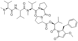 structure of CAS# 123884-00-4, Dolastatin 15;[1-[3-Methoxy-5-Oxo-2-(Phenylmethyl)2H-Pyrrole-1-Carbonyl]-2-Methyl-Propyl] 1-[1-[2-[[2-[(2-Dimethylamino-3-Methyl-Butanoyl)Amino]-3-Methyl-Butanoyl]-Methyl-Amino]-3-Methyl-Butanoyl]Pyrrolidine-2-Carbonyl]Pyrrolidine-2-Carboxylate;1-[[1-[2-[[2-[(2-Dimethylamino-3-Methyl-1-Oxobutyl)Amino]-3-Methyl-1-Oxobutyl]-Methylamino]-3-Methyl-1-Oxobutyl]-2-Pyrrolidinyl]-Oxomethyl]-2-Pyrrolidinecarboxylic Acid [1-[[3-Methoxy-5-Oxo-2-(Phenylmethyl)-2H-Pyrrol-1-Yl]-Oxomethyl]-2-Methylpropyl] Ester;1-[1-[2-[[2-[(2-Dimethylamino-3-Methyl-Butanoyl)Amino]-3-Methyl-Butanoyl]-Methyl-Amino]-3-Methyl-Butanoyl]Pyrrolidine-2-Carbonyl]Pyrrolidine-2-Carboxylic Acid [1-[2-(Benzyl)-5-Keto-3-Methoxy-3-Pyrroline-1-Carbonyl]-2-Methyl-Propyl] Ester