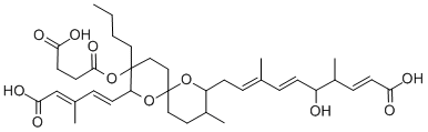 structure of CAS# 134615-37-5, Mono(3-butyl-8-(9-carboxy-6-hydroxy-3,7-dimethyl-2,4,8-nonatrienyl)-2-(4-carboxy-3-methyl-1,3-butadienyl)-9-methyl-1,7-dioxaspiro(5.5)undec-3-yl) butanedioate;(2E,6E,8E)-10-[3-Butyl-2-[(1E,3E)-5-Hydroxy-3-Methyl-5-Oxo-Penta-1,3-Dienyl]-3-(4-Hydroxy-4-Oxo-Butanoyl)Oxy-9-Methyl-1,7-Dioxaspiro[5.5]Undecan-8-Yl]-5-Hydroxy-4,8-Dimethyl-Deca-2,6,8-Trienoic Acid;(2E,6E,8E)-10-[3-Butyl-3-(4-Hydroxy-1,4-Dioxobutoxy)-2-[(1E,3E)-5-Hydroxy-3-Methyl-5-Oxopenta-1,3-Dienyl]-9-Methyl-1,7-Dioxaspiro[5.5]Undecan-8-Yl]-5-Hydroxy-4,8-Dimethyldeca-2,6,8-Trienoic Acid;(2E,6E,8E)-10-[3-Butyl-3-(4-Hydroxy-4-Keto-Butanoyl)Oxy-2-[(1E,3E)-5-Hydroxy-5-Keto-3-Methyl-Penta-1,3-Dienyl]-9-Methyl-1,7-Dioxaspiro[5.5]Undecan-8-Yl]-5-Hydroxy-4,8-Dimethyl-Deca-2,6,8-Trienoic Acid