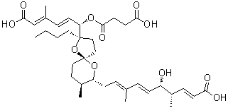 structure of CAS# 144860-68-4, (2E,4S,5S,6E,8E)-10-[(2R,5S,7R,8S)-2-Butyl-2-{(1S,2E,4E)-5-Carboxy-1-[(3-Carboxypropanoyl)Oxy]-4-Methyl-2,4-Pentadien-1-Yl}-8-Methyl-1,6-Dioxaspiro[4.5]Dec-7-Yl]-5-Hydroxy-4,8-Dimethyl-2,6,8-Decatrien Oic Acid;Succinic <wbr>acid mono<wbr>-{(2E,4E)<wbr>-(S)-1-[(<wbr>2R,5S,7R,<wbr>8S)-2-but<wbr>yl-7-((2E<wbr>,4E,8E)-(<wbr>6S,7S)-9-<wbr>carboxy-6<wbr>-hydroxy-<wbr>3,7-dimet<wbr>hyl-nona-<wbr>2,4,8-tri<wbr>enyl)-8-m<wbr>ethyl-1,6<wbr>-dioxa-sp<wbr>iro[4.5]d<wbr>ec-2-yl]-<wbr>5-carboxy<wbr>-4-methyl<wbr>-penta-2,<wbr>4-dienyl}<wbr> ester