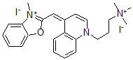 structure of CAS# 152068-09-2, Trimethyl-[3-[4-[(Z)-(3-Methyl-1,3-Benzoxazol-2-Ylidene)Methyl]Quinolin-1-Ium-1-Yl]Propyl]Azanium Diiodide;Trimethyl-[3-[4-[(Z)-(3-Methyl-1,3-Benzoxazol-2-Ylidene)Methyl]Quinolin-1-Ium-1-Yl]Propyl]Ammonium Diiodide;Trimethyl-[3-[4-[(Z)-(3-Methyl-1,3-Benzoxazol-2-Ylidene)Methyl]-1-Quinolin-1-Iumyl]Propyl]Ammonium Diiodide;Quinolinium, 4-((3-Methyl-2(3H)-Benzoxazolylidene)Methyl)-1-(3-(Trimethylammonio)Propyl)-, Diiodide