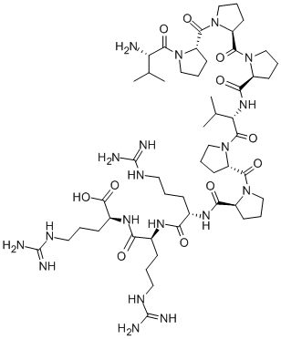 structure of CAS# 159088-48-9, L-Valyl-L-Prolyl-L-Prolyl-L-Prolyl-L-Valyl-L-Prolyl-L-Prolyl-L-Arginyl-L-Arginyl-L-Arginine;H-VAL-PRO-PRO-PRO-VAL-PRO-PRO-ARG-ARG-ARG-OH;HSOS (1149-1158) N10 SH3 BINDING DOMAIN;VAL-PRO-PRO-PRO-VAL-PRO-PRO-ARG-ARG-ARG