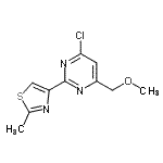 structure of CAS# 263897-42-3, 4-Chloro-6-(Methoxymethyl)-2-(2-Methyl-1,3-Thiazol-4-Yl)Pyrimidine;[6-chloro<wbr>-2-(2-met<wbr>hyl(1,3-t<wbr>hiazol-4-<wbr>yl))pyrim<wbr>idin-4-yl<wbr>]methoxym<wbr>ethane;4-[4-chlo<wbr>ro-6-(met<wbr>hoxymethy<wbr>l)pyrimid<wbr>in-2-yl]-<wbr>2-methyl-<wbr>1,3-thiaz<wbr>ole;4-Chloro-<wbr>6-(methox<wbr>ymethyl)-<wbr>2-(2-meth<wbr>yl-1,3-th<wbr>iazol-4-y<wbr>l)pyrimid<wbr>ine