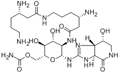 CAS 登录号：3776-38-3， [(2R,3R,4S,5R,6R)-6-[[(3aS,7R,7aS)-7-羟基-4-氧代-1,3a,5,6,7,7a-六氢咪唑并[4,5-c]吡啶-2-基]氨基]-5-[[(3S)-3-氨基-6-[[(3S)-3,6-二氨基己酰基]氨基]己酰]氨基]-4-羟基-2-(羟基甲基)四氢吡喃-3-基] 氨基甲酸酯