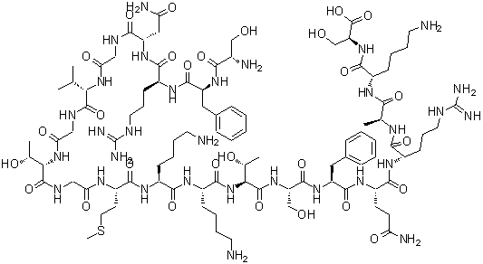 structure of CAS# 412938-67-1, L-Seryl-L-Phenylalanyl-L-Arginyl-L-Asparaginylglycyl-L-Valylglycyl-L-Threonylglycyl-L-Methionyl-L-Lysyl-L-Lysyl-L-Threonyl-L-Seryl-L-Phenylalanyl-L-Glutaminyl-L-Arginyl-L-Alanyl-L-Lysyl-L-Serine;REF DUPL: H-Ser-Phe-Arg-Asn-Gly-Val-Gly-Ser-Gly-Ala-Lys-Lys-Thr-Ser-Phe-Arg-Arg-Ala-Lys-Gln-OH;H-SER-PHE-ARG-ASN-GLY-VAL-GLY-THR-GLY-MET-LYS-LYS-THR-SER-PHE-GLN-ARG-ALA-LYS-SER-OH;SER-PHE-ARG-ASN-GLY-VAL-GLY-THR-GLY-MET-LYS-LYS-THR-SER-PHE-GLN-ARG-ALA-LYS-SER