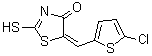 structure of CAS# 470713-29-2, (5E)-5-[(5-Chloro-2-Thienyl)Methylene]-2-Sulfanyl-1,3-Thiazol-4(5H)-One;(5E)-5-[(<wbr>5-Chloro-<wbr>2-thienyl<wbr>)methylen<wbr>e]-2-merc<wbr>apto-1,3-<wbr>thiazol-4<wbr>(5H)-one;5-[(5-chl<wbr>oro(2-thi<wbr>enyl))met<wbr>hylene]-2<wbr>-sulfanyl<wbr>-1,3-thia<wbr>zolin-4-o<wbr>ne;MFCD03423532