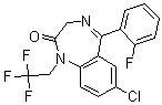 structure of CAS# 49606-44-2, 7-Chloro-5-(2-Fluorophenyl)-1,3-Dihydro-1-(2,2,2-Trifluoroethyl)-2H-1,4-Benzodiazepin-2-One;Nchembio747-Comp34;7-Chloro-5-(2-Fluorophenyl)-1,3-Dihydro-1-(2,2,2-Trifluoroethyl)-2H-1,4-Benzodiazepin-2-One