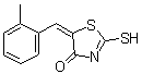 structure of CAS# 50459-52-4, (5E)-5-(2-Methylbenzylidene)-2-Sulfanyl-1,3-Thiazol-4(5H)-One;(5E)-2-Me<wbr>rcapto-5-<wbr>(2-methyl<wbr>benzylide<wbr>ne)-1,3-t<wbr>hiazol-4(<wbr>5H)-one;MFCD04969040;ZINC03027588