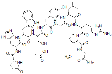 structure of CAS# 52699-48-6, 5-L-Phenylalanine-Luteinizing Hormone-Releasing Factor (Swine) Acetate (Salt) Hydrate;Acetic Acid;N-[2-[[2-[[2-[[2-[[2-[[1-[[1-[2-[(2-Amino-2-Oxo-Ethyl)Carbamoyl]Pyrrolidine-1-Carbonyl]-4-Guanidino-Butyl]Carbamoyl]-3-Methyl-Butyl]Amino]-2-Oxo-Ethyl]Amino]-1-[(4-Hydroxyphenyl)Methyl]-2-Oxo-Ethyl]Amino]-1-(Hydroxymethyl)-2-Oxo-Ethyl]Amino]-1-(1H-Indol-3-Ylmethyl)-2-Oxo-Ethyl]Amino]-1-(3H-Imidazol-4-Ylmethyl)-2-Oxo-Ethyl]-5-Oxo-Pyrrolidine-2-Carboxamide;Hydrate;Acetic Acid;N-[2-[[2-[[2-[[2-[[2-[[1-[[[1-[[2-[[(2-Amino-2-Oxoethyl)Amino]-Oxomethyl]-1-Pyrrolidinyl]-Oxomethyl]-4-Guanidinobutyl]Amino]-Oxomethyl]-3-Methylbutyl]Amino]-2-Oxoethyl]Amino]-1-[(4-Hydroxyphenyl)Methyl]-2-Oxoethyl]Amino]-1-(Hydroxymethyl)-2-Oxoethyl]Amino]-1-(1H-Indol-3-Ylmethyl)-2-Oxoethyl]Amino]-1-(3H-Imidazol-4-Ylmethyl)-2-Oxoethyl]-5-Oxo-2-Pyrrolidinecarboxamide;Hydrate;Acetic Acid;N-[2-[[2-[[2-[[2-[[2-[[1-[[1-[2-[(2-Amino-2-Keto-Ethyl)Carbamoyl]Pyrrolidine-1-Carbonyl]-4-Guanidino-Butyl]Carbamoyl]-3-Methyl-Butyl]Amino]-2-Keto-Ethyl]Amino]-1-(4-Hydroxybenzyl)-2-Keto-Ethyl]Amino]-2-Keto-1-Methylol-Ethyl]Amino]-1-(1H-Indol-3-Ylmethyl)-2-Keto-Ethyl]Amino]-1-(3H-Imidazol-4-Ylmethyl)-2-Keto-Ethyl]-5-Keto-Pyrrolidine-2-Carboxamide;Hydrate