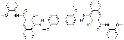 CAS 登录号：5437-88-7， 4,4'-[(3,3'-二甲氧基[1,1'-联苯]-4,4'-二基)二(偶氮)]二[3-羟基-N-(2-甲氧基苯基)萘-2-甲酰胺]