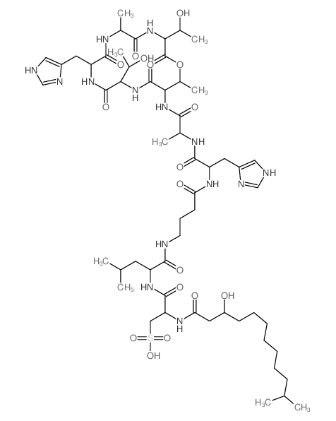 CAS#: 72509-89-8， 3-[[1-[[4-[[1-[[1-[[3,12-Bis(1-Hydroxyethyl)-9-(3H-Imidazol-4-Ylmethyl)-6,16-Dimethyl-2,5,8,11,14-Pentaoxo-1-Oxa-4,7,10,13-Tetrazacyclohexadec-15-Yl]Amino]-1-Oxopropan-2-Yl]Amino]-3-(3H-Imidazol-4-Yl)-1-Oxopropan-2-Yl]Amino]-4-Oxobutyl]Amino]-4-Methyl-1-Oxopentan-2-Yl]Amino]-2-[(3-Hydroxy-11-Methyldodecanoyl)Amino]-3-Oxopropane-1-Sulfonic Acid