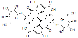 CAS 登录号：73613-07-7， 9-[2-羧基-4-羟基-10-氧代-5-[(2S,3R,4S,5S,6R)-3,4,5-三羟基-6-(羟基甲基)四氢吡喃-2-基]氧基-9H-蒽-9-基]-4-羟基-10-氧代-5-[(2S,3R,4S,5S,6R)-3,4,5-三羟基-6-(羟基甲基)四氢吡喃-2-基]氧基-9H-蒽-2-羧酸