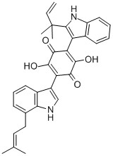 structure of CAS# 78860-34-1, Demethylasterriquinone B1;2-[2-(1,1-DIMETHYL-2-PROPENYL)-1H-INDOL-3-YL]-3,6-DIHYDROXY-5-[7-(3-METHYL-2-BUTENYL)-1H-INDOL-3-YL]-2,5-CYCLOHEXADIENE-1,4-DIONE;2-[2-(1,1-Dimethyl-2-Propenyl)-1H-Indol-3-Yl]-3,6-Dihydroxy-5-[7-(3-Methyl-2-Butenyl)-1H-Indol-3-Yl]-2,5-Cyclohexadiene-1,4-Dione;2-[2-(1,1 Dimethyl-2-Propenyl)-1H-Indol-3-Yl]-3,6-Dihydroxy-5-[7-(3-Methyl-2-Butenyl)-1H-Indol-3-Yl]-2,5-Cyclohexadien-1,4-Dione
