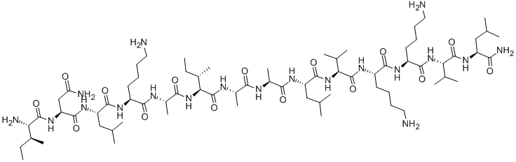 structure of CAS# 80533-94-4, Mast Cell Degranulating Peptide Hr-1;H-ILE-ASN-LEU-LYS-ALA-ILE-ALA-ALA-LEU-VAL-LYS-LYS-VAL-LEU-NH2;ILE-ASN-LEU-LYS-ALA-ILE-ALA-ALA-LEU-VAL-LYS-LYS-VAL-LEU-NH2;MAST CELL DEGRANULATING (MCD) PEPTIDE HR-1