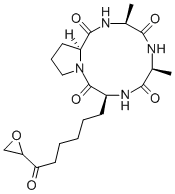 structure of CAS# 83209-65-8, Cyclo(2-amino-8-oxo-9,10-epoxydecanoic acid-prolyl-alanyl-alanine);(3S,6R,9S,12R)-6,9-Dimethyl-3-[6-(Oxiran-2-Yl)-6-Oxo-Hexyl]-1,4,7,10-Tetrazabicyclo[10.3.0]Pentadecane-2,5,8,11-Tetrone;(3S,6R,9S,12R)-6,9-Dimethyl-3-[6-(2-Oxiranyl)-6-Oxohexyl]-1,4,7,10-Tetrazabicyclo[10.3.0]Pentadecane-2,5,8,11-Tetrone;(3S,6R,9S,12R)-3-[6-Keto-6-(Oxiran-2-Yl)Hexyl]-6,9-Dimethyl-1,4,7,10-Tetrazabicyclo[10.3.0]Pentadecane-2,5,8,11-Diquinone