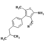 structure of CAS# 861408-82-4, 2-Amino-4-(4-isobutylphenyl)-5-methyl-3-thiophenecarbonitrile;2-amino-5<wbr>-methyl-4<wbr>-[4-(2-me<wbr>thylpropy<wbr>l)phenyl]<wbr>thiophene<wbr>-3-carbon<wbr>itrile;3-THIOPHE<wbr>NECARBONI<wbr>TRILE,2-A<wbr>MINO-5-ME<wbr>THYL-4-[4<wbr>-(2-METHY<wbr>LPROPYL)P<wbr>HENYL]-;MFCD02854890