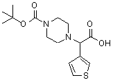 structure of CAS# 885274-75-9, (4-{[(2-Methyl-2-propanyl)oxy]carbonyl}-1-piperazinyl)(3-thienyl)acetic acid;[4-(tert-<wbr>butoxycar<wbr>bonyl)pip<wbr>erazin-1-<wbr>yl](3-thi<wbr>enyl)acet<wbr>ic acid;2-(4-Boc-piperazinyl)-2-(3-thienyl)acetic acid;2-(4-BOC-PIPERAZINYL)-2-(3-THIENYL)ACETICACID