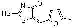 structure of CAS# 88674-82-2, (5E)-5-[(5-Methyl-2-furyl)methylene]-2-sulfanyl-1,3-thiazol-4(5H)-one;(5E)-2-Me<wbr>rcapto-5-<wbr>[(5-methy<wbr>l-2-furyl<wbr>)methylen<wbr>e]-1,3-th<wbr>iazol-4(5<wbr>H)-one;(5E)-5-[(<wbr>5-Methyl-<wbr>2-furyl)m<wbr>ethylene]<wbr>-2-thioxo<wbr>-1,3-thia<wbr>zolidin-4<wbr>-one;(5E)-5-[(<wbr>5-Methyl-<wbr>2-furyl)m<wbr>ethylene]<wbr>-2-thioxo<wbr>-1,3-thia<wbr>zolidin-4<wbr>-one #