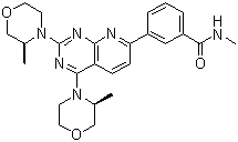 structure of CAS# 1009298-59-2, AZD2014;3-[2,4-Bis((3S)-3-methylmorpholin-4-yl)pyrido[5,6-e]pyrimidin-7-yl]-N-methylbenzamide