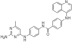structure of CAS# 1020149-73-8, N-[4-[(2-Amino-6-methyl-4-pyrimidinyl)amino]phenyl]-4-(4-quinolinylamino)benzamide;SGI-1027