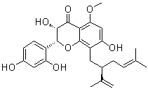 结构式 CAS# 102490-65-3, (2R,3S)-2-(2,4-二羟基苯基)-2,3-二氢-3,7-二羟基-5-甲氧基-8-[(2R)-5-甲基-2-(1-甲基乙烯基)-4-己烯基]-4H-1-苯并吡喃-4-酮