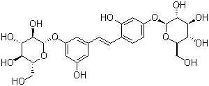 structure of CAS# 102841-42-9, Mulberroside A;2,5'-Dihydroxy-4,3'-bis(beta-D-glucopyranosyloxy)-trans-stilbene; beta-D-Glucopyranoside 3-[(1E)-2-[4-(beta-D-glucopyranosyloxy)-2-hydroxyphenyl]ethenyl]-5-hydroxyphenyl