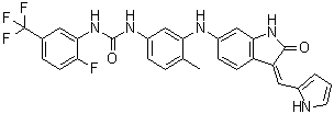 结构式 CAS# 1033769-28-6, N-[3-[[2,3-二氢-2-氧代-3-(1H-吡咯-2-基亚甲基)-1H-吲哚-6-基]氨基]-4-甲基苯基]-N'-[2-氟-5-(三氟甲基)苯基]-脲