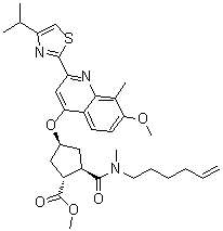 结构式 CAS# 1042695-87-3, (1R,2R,4S)-2-[(5-己烯-1-基甲基氨基)羰基]-4-[[7-甲氧基-8-甲基-2-[4-异丙基-2-噻唑基]-4-喹啉基]氧基]环戊烷羧酸甲酯