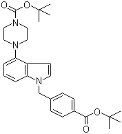 structure of CAS# 1044764-11-5, 4-[1-[[4-[(tert-Butoxy)carbonyl]phenyl]methyl]-1H-indol-4-yl]-1-piperazinecarboxylic acid tert-butyl ester