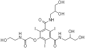 structure of CAS# 104517-96-6, N,N'-Bis(2,3-dihydroxypropyl)-5-[2-[(2-hydroxyethyl)amino]-2-oxoethoxy]-2,4,6-triiodo-1,3-benzenedicarboxamide
