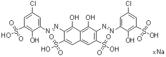 structure of CAS# 108321-09-1, Chlorosulfophenol S sodium salt;3,6-Bis[(5-chloro-2-hydroxy-3-sulfophenyl)azo]-4,5-dihydroxy-2,7-naphthalenedisulfonic acid sodium salt