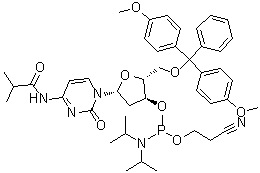 structure of CAS# 110522-84-4, 5'-O-[Bis(4-methoxyphenyl)phenylmethyl]-2'-deoxy-N-(2-methyl-1-oxopropyl)cytidine 3'-[2-cyanoethyl bis(1-methylethyl)phosphoramidite]