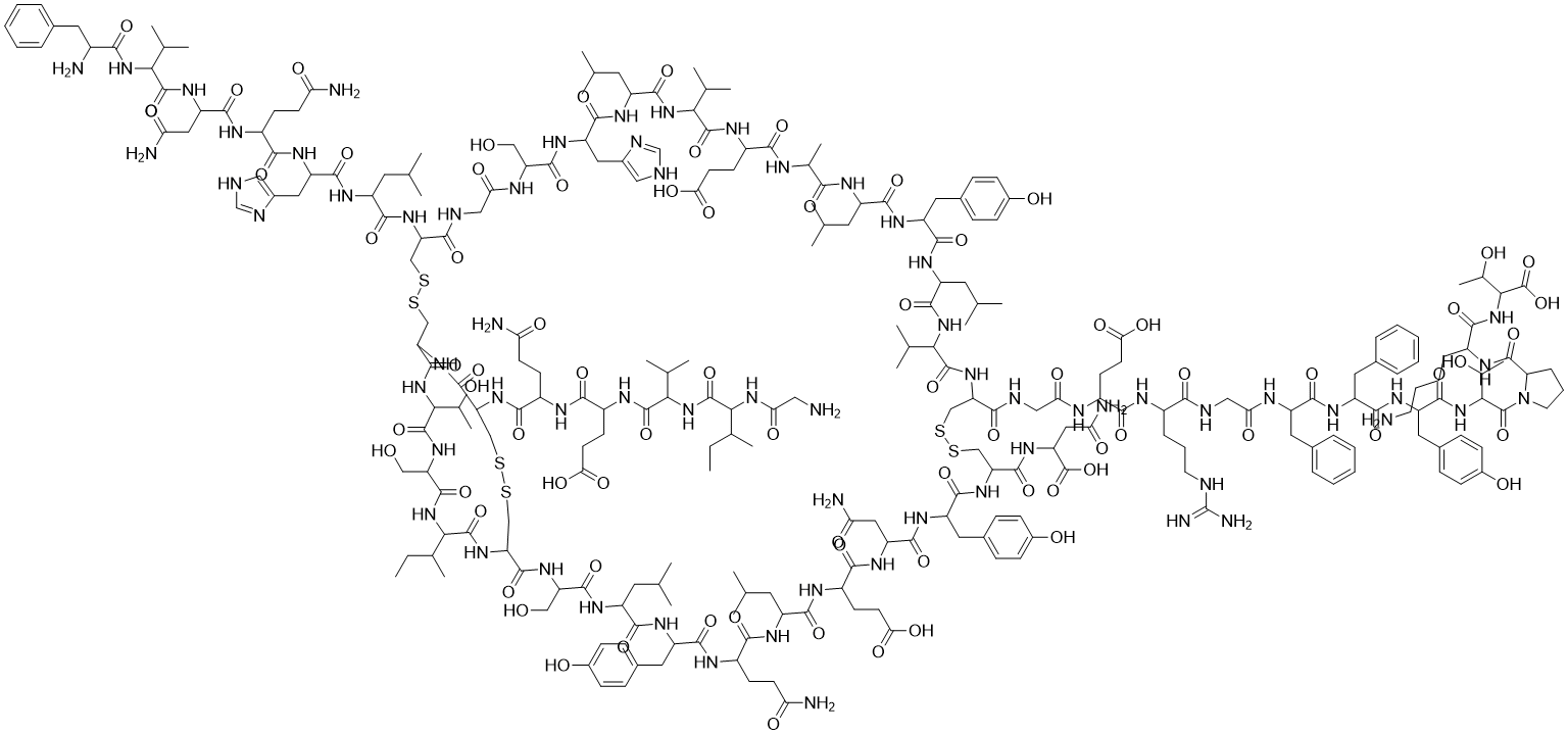 structure of CAS# 11061-68-0, Insulin (human);ORMD 0801; Oral-lyn; Penfil R; Ultraphane; Umulin; Velosulin HM; 4-[[2-[[88-[[5-amino-2-[[2-[[2-[[2-[(2-aminoacetyl)amino]-3-methylpentanoyl]amino]-3-methylbutanoyl]amino]-4-carboxybutanoyl]amino]-5-oxopentanoyl]amino]-6-[[2-[[2-[[5-amino-2-[[4-amino-2-[[2-[(2-amino-3-phenylpropanoyl)amino]-3-methylbutanoyl]amino]-4-oxobutanoyl]amino]-5-oxopentanoyl]amino]-3-(1H-imidazol-4-yl)propanoyl]amino]-4-methylpentanoyl]amino]-47-[(3-amino-1-carboxy-3-oxopropyl)carbamoyl]-53-(2-amino-2-oxoethyl)-62-(3-amino-3-oxopropyl)-77-butan-2-yl-24,56-bis(2-carboxyethyl)-83-(1-hydroxyethyl)-12,71,80-tris(hydroxymethyl)-33,50,65-tris[(4-hydroxyphenyl)methyl]-15-(1H-imidazol-4-ylmethyl)-27-methyl-18,30,36,59,68-pentakis(2-methylpropyl)-7,10,13,16,19,22,25,28,31,34,37,40,49,52,55,58,61,64,67,70,73,76,79,82,85,87-hexacosaoxo-21,39-di(propan-2-yl)-3,4,44,45,90,91-hexathia-8,11,14,17,20,23,26,29,32,35,38,41,48,51,54,57,60,63,66,69,72,75,78,81,84,86-hexacosazabicyclo[72.11.7]dononacontane-42-carbonyl]amino]acetyl]amino]-5-[[1-[[2-[[1-[[1-[[1-[[1-[2-[[6-amino-1-[(1-carboxy-2-hydroxypropyl)amino]-1-oxohexan-2-yl]carbamoyl]pyrrolidin-1-yl]-3-hydroxy-1-oxobutan-2-yl]amino]-3-(4-hydroxyphenyl)-1-oxopropan-2-yl]amino]-1-oxo-3-phenylpropan-2-yl]amino]-1-oxo-3-phenylpropan-2-yl]amino]-2-oxoethyl]amino]-5-carbamimidamido-1-oxopentan-2-yl]amino]-5-oxopentanoic acid