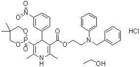 structure of CAS# 111011-76-8, NZ 105 ethanolate;Ethanol, compd. with 2-[phenyl(phenylmethyl)amino]ethyl 5-(5,5-dimethyl-2-oxido-1,3,2-dioxaphosphorinan-2-yl)-1,4-dihydro-2,6-dimethyl-4-(3-nitrophenyl)-3-pyridinecarboxylate monohydrochloride (1:1)