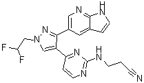 结构式 CAS# 1111636-35-1, 3-[[4-[1-(2,2-二氟乙基)-3-(1H-吡咯并[2,3-b]吡啶-5-基)-1H-吡唑-4-基]-2-嘧啶基]氨基]-丙腈