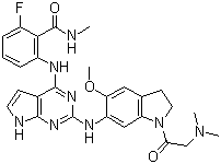 结构式 CAS# 1116235-97-2, GSK1838705A; 2-[[2-[[1-[(二甲基氨基)乙酰基]-5-(甲氧基)-2,3-二氢-1H-吲哚-6-基]氨基]-7H-吡咯并[2,3-d]嘧啶-4-基]氨基]-6-氟-N-甲基苯甲酰胺