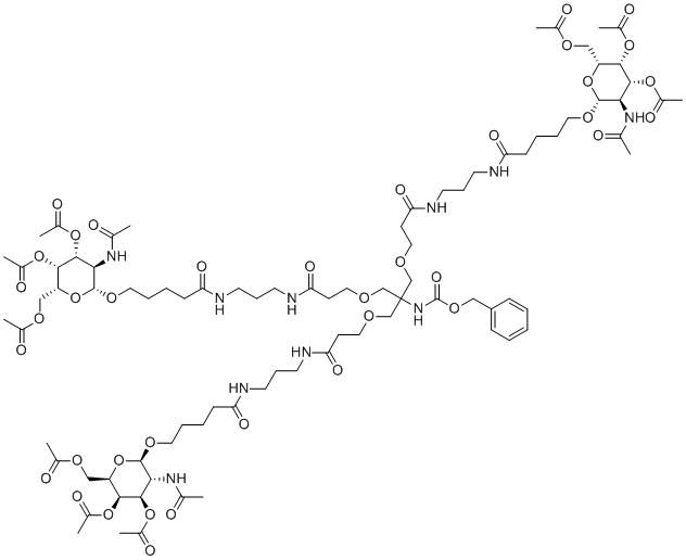 structure of CAS# 1159408-63-5, Benzyl {1,31-bis[(2-acetamido-3,4,6-tri-O-acetyl-2-deoxy-beta-D-galactopyranosyl)oxy]-16-[(3-{[3-({5-[(2-acetamido-3,4,6-tri-O-acetyl-2-deoxy-beta-D-galactopyranosyl)oxy]pentanoyl}amino)propyl]amino}- 3-oxopropoxy)methyl]-5,11,21,27-tetraoxo-14,18-dioxa-6,10,22,26-tetraazahentriacontan-16-yl}carbamate;[(2R,3R,4R,5R,6R)-5-acetamido-6-[5-[3-[3-[3-[3-[3-[5-[(2R,3R,4R,5R,6R)-3-acetamido-4,5-diacetyloxy-6-(acetyloxymethyl)oxan-2-yl]oxypentanoylamino]propylamino]-3-oxopropoxy]-2-[[3-[3-[5-[(2R,3R,4R,5R,6R)-3-acetamido-4,5-diacetyloxy-6-(acetyloxymethyl)oxan-2-yl]oxypentanoylamino]propylamino]-3-oxopropoxy]methyl]-2-(phenylmethoxycarbonylamino)propoxy]propanoylamino]propylamino]-5-oxopentoxy]-3,4-diacetyloxyoxan-2-yl]methyl acetate