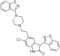 structure of CAS# 1159977-04-4, Ziprasidone impurity E;3-(1,2-Benzisothiazol-3-yl)-5-[2-[4-(1,2-benzisothiazol-3-yl)-1-piperazinyl]ethyl]-6-chloro-1,3-dihydro-2H-indol-2-one