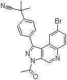structure of CAS# 1201643-72-2, 2-(4-(3-Acetyl-8-bromo-3H-pyrazolo[3,4-c]quinolin-1-yl)phenyl)-2-methylpropanenitrile ;4-(3-Acetyl-8-bromo-3H-pyrazolo[3,4-c]quinolin-1-yl)-alpha,alpha-dimethylbenzeneacetonitrile
