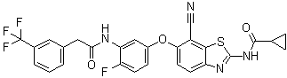 structure of CAS# 1228591-30-7, N-[7-Cyano-6-[4-fluoro-3-[[[3-(trifluoromethyl)phenyl]acetyl]amino]phenoxy]-1,3-benzothiazol-2-yl]cyclopropanecarboxamide;TAK 632