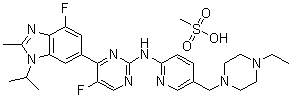结构式 CAS# 1231930-82-7, N-[5-[(4-乙基-1-哌嗪基)甲基]-2-吡啶基]-5-氟-4-[4-氟-2-甲基-1-异丙基-1H-苯并咪唑-6-基]-2-嘧啶胺甲烷磺酸盐