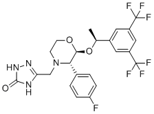 structure of CAS# 1242175-40-1, 5-(((2S,3S)-2-((S)-1-(3,5-Bis(trifluoromethyl)phenyl)ethoxy)-3-(4-fluorophenyl)morpholino)methyl)-1H-1,2,4-triazol-3(2H)-one;(1S,2S,3S)-Aprepitant;3-[[(2S,3S)-2-[(1S)-1-[3,5-bis(trifluoromethyl)phenyl]ethoxy]-3-(4-fluorophenyl)morpholin-4-yl]methyl]-1,4-dihydro-1,2,4-triazol-5-one