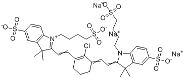 3,3-二甲基-2-[2-[2-氯-3-[2-[1,3-二氢-3,3-二甲基-5-磺基-1-(4-磺基丁基)-2H-吲哚-2-亚基]-亚乙基]-1-环己烯-1-基]-乙烯基]-5-磺基-1-(4-磺基丁基)-3H-吲哚鎓氢氧化物,内盐,三钠盐分子结构 (CAS 1252007-83-2)