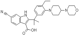 结构式 CAS# 1256584-78-7, 6-氰基-2-[1-[4-乙基-3-[4-(4-吗啉基)-1-哌啶基]苯基]-1-甲基乙基]-1H-吲哚-3-羧酸