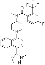 结构式 CAS# 1258861-20-9, LY 2940680; 4-氟-N-甲基-N-[1-[4-(1-甲基-1H-吡唑-5-基)-1-酞嗪基]-4-哌啶基]-2-(三氟甲基)苯甲酰胺