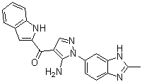 structure of CAS# 1265229-25-1, [5-Amino-1-(2-methyl-1H-benzimidazol-6-yl)-1H-pyrazol-4-yl]-1H-indol-2-ylmethanone;CH 5183284