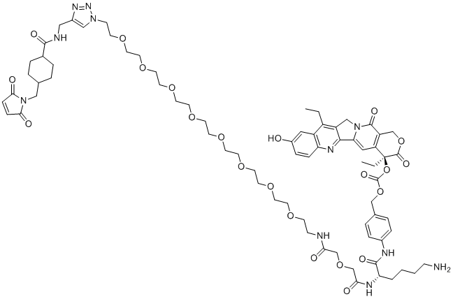 structure of CAS# 1279680-68-0, CL2A-SN-38;[4-[[(2S)-6-amino-2-[[2-[2-[2-[2-[2-[2-[2-[2-[2-[2-[2-[4-[[[4-[(2,5-dioxopyrrol-1-yl)methyl]cyclohexanecarbonyl]amino]methyl]triazol-1-yl]ethoxy]ethoxy]ethoxy]ethoxy]ethoxy]ethoxy]ethoxy]ethoxy]ethylamino]-2-oxoethoxy]acetyl]amino]hexanoyl]amino]phenyl]methyl [(19S)-10,19-diethyl-7-hydroxy-14,18-dioxo-17-oxa-3,13-diazapentacyclo[11.8.0.02,11.04,9.015,20]henicosa-1(21),2,4(9),5,7,10,15(20)-heptaen-19-yl] carbonate