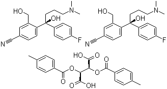 structure of CAS# 128173-53-5, (-)-4-(4-Dimethylamino)-1-(4-fluorophenyl)-1-(hydroxybutyl)-3-hydroxymethyl)-benzonitrile hemi D-(+)-di-p-toloyltartaric acid salt;(S)-4-[4-(Dimethylamino)-1-(4-fluorophenyl)-1-hydroxybutyl]-3-(hydroxymethyl)benzonitrile (2S,3S)-2,3-bis[(4-methylbenzoyl)oxy]butanedioate (2:1)